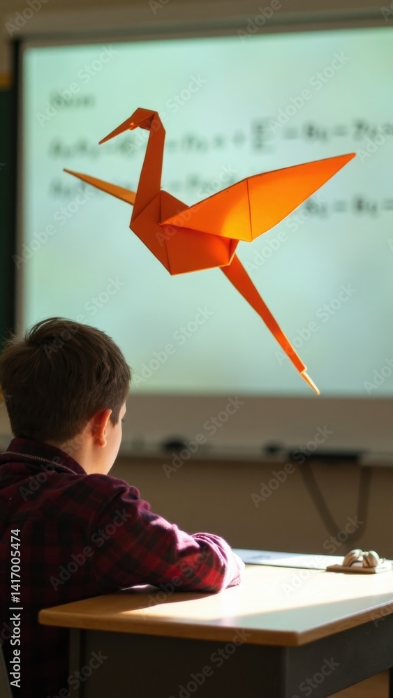 Boy is sitting at a desk in a classroom. A paper crane is flying in front of him
