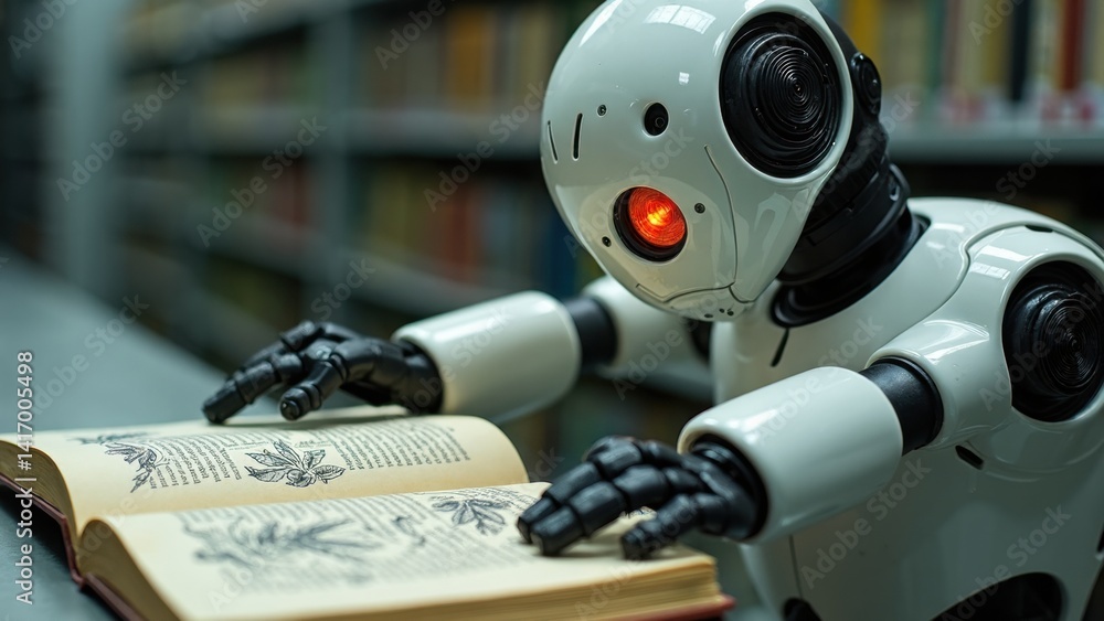 Robot is sitting at a table with a book in front of it. The robot is reading the book and he is focused on the text