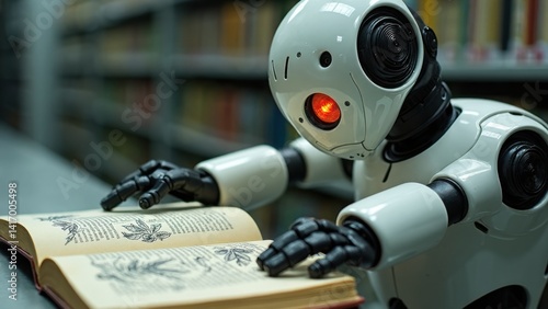 Robot is sitting at a table with a book in front of it. The robot is reading the book and he is focused on the text