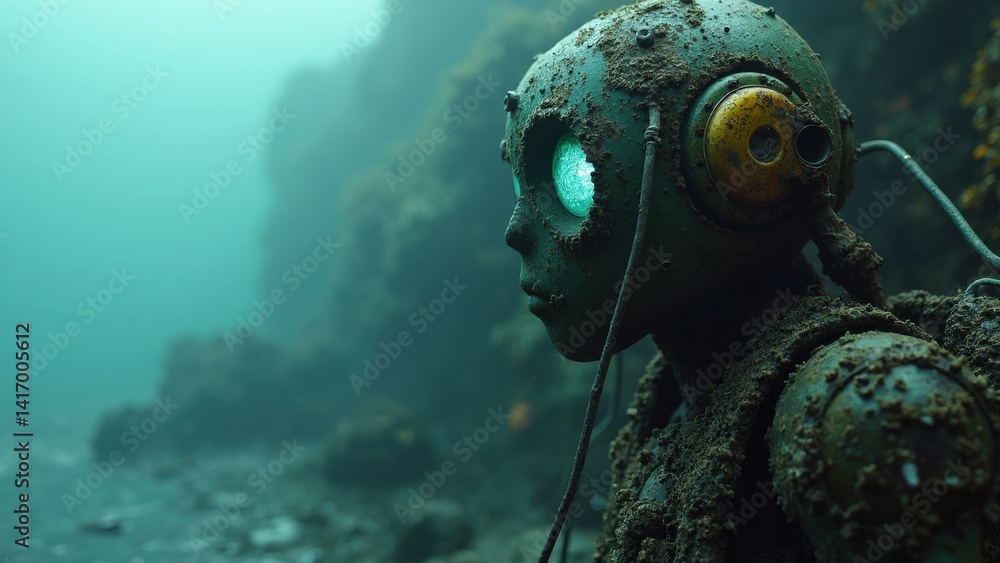 Robot with a green face and yellow ears is standing in a murky ocean. The robot is wearing headphones and he is listening to something