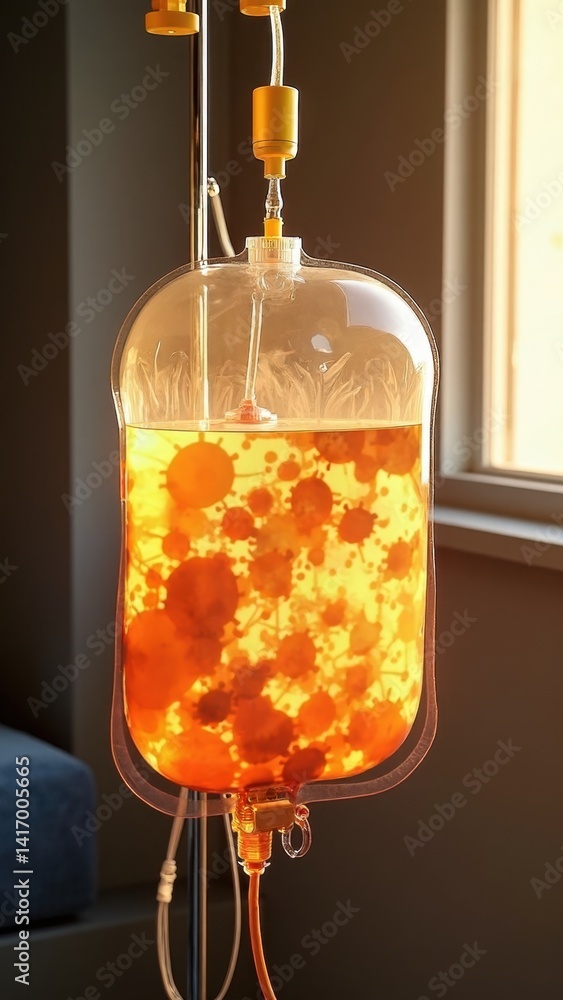 Glass container with a yellow liquid inside. The container is attached to a tube and is hanging from a pole
