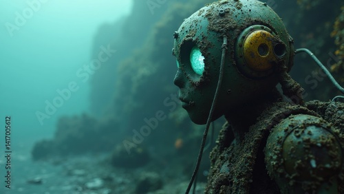 Obraz na płótnie Robot with a green face and yellow ears is standing in a murky ocean. The robot is wearing headphones and he is listening to something w salonie