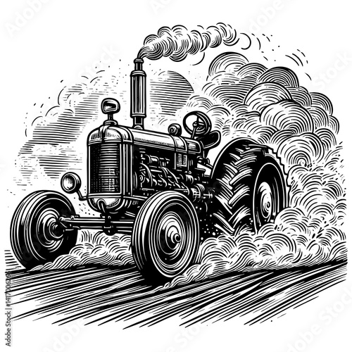 old-fashioned tractor speeding through a field, surrounded by smoke and dust, symbolizing rural power engraving generative ai sketch PNG illustration