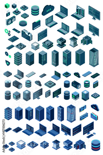 Large set of isometric computer technology. Isometric set server equipment. Modern technology concept for cloud computing, datacenter, database. Isometric technology