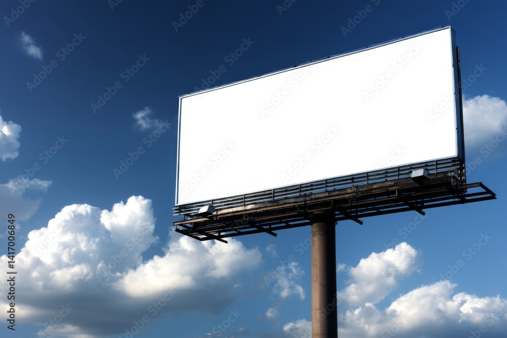 Blank Billboard Stands Tall Against a Vivid Blue Sky with Puffy Clouds: Advertising Space, Outdoor Media, Public Display Blank Billboard Stands Tall Against a Vivid Blue Sky with Puffy Clouds: Advertising Space, Outdoor Media, Public Display