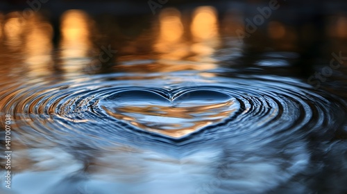 Heart shaped ripples in water at sunset