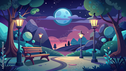 Dimly lit benches beneath moonlight and lanterns in a serene night park