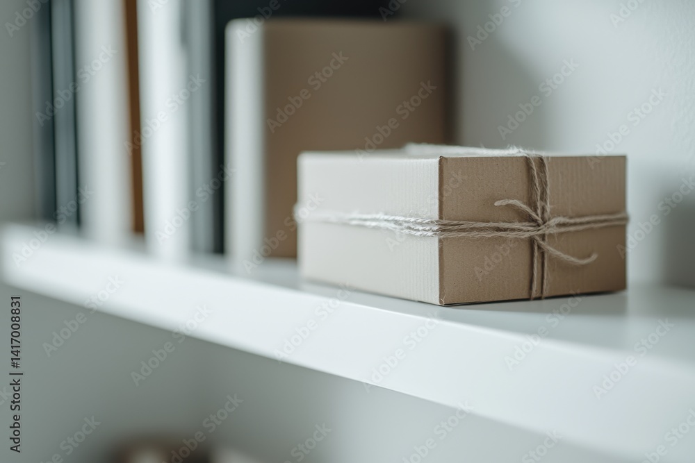 Box wrapped in twine on white shelf. Books behind. Neutral palette. Minimalist aesthetic Box wrapped in twine on white shelf. Books behind. Neutral palette. Minimalist aesthetic