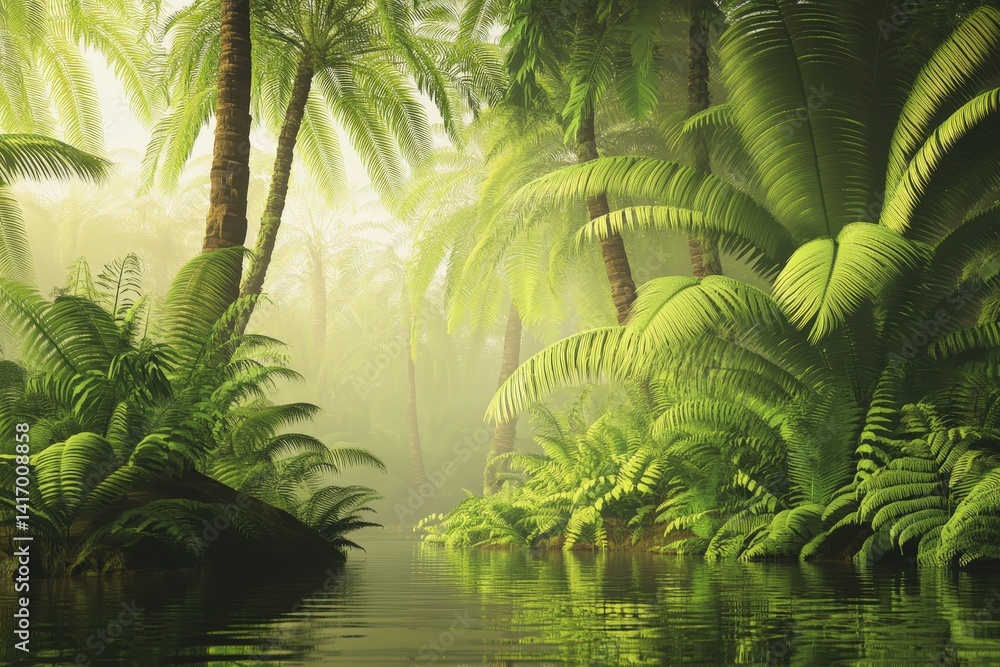 Naklejka premium Lush tropical forest with a calm river.