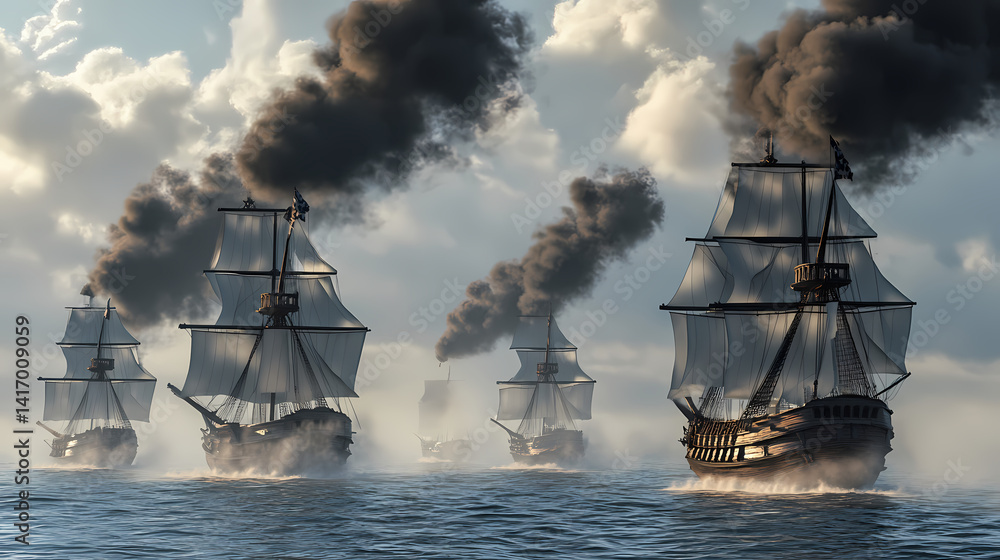 Obraz premium Naval Fleet Sails into the Horizon: A squadron of historic ships, sails billowing, charts a course across the boundless ocean under a cloudy sky. This image captures the majesty of maritime history.