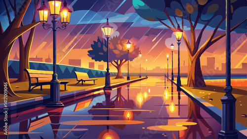The gentle glow of warm streetlights reflects on the wet pavement of a nighttime park
