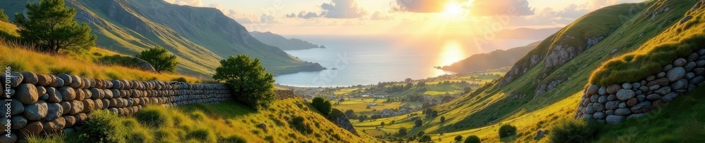 Fototapeta premium Sun-drenched valleys, stone walls, distant ocean, summer, beautiful, hills