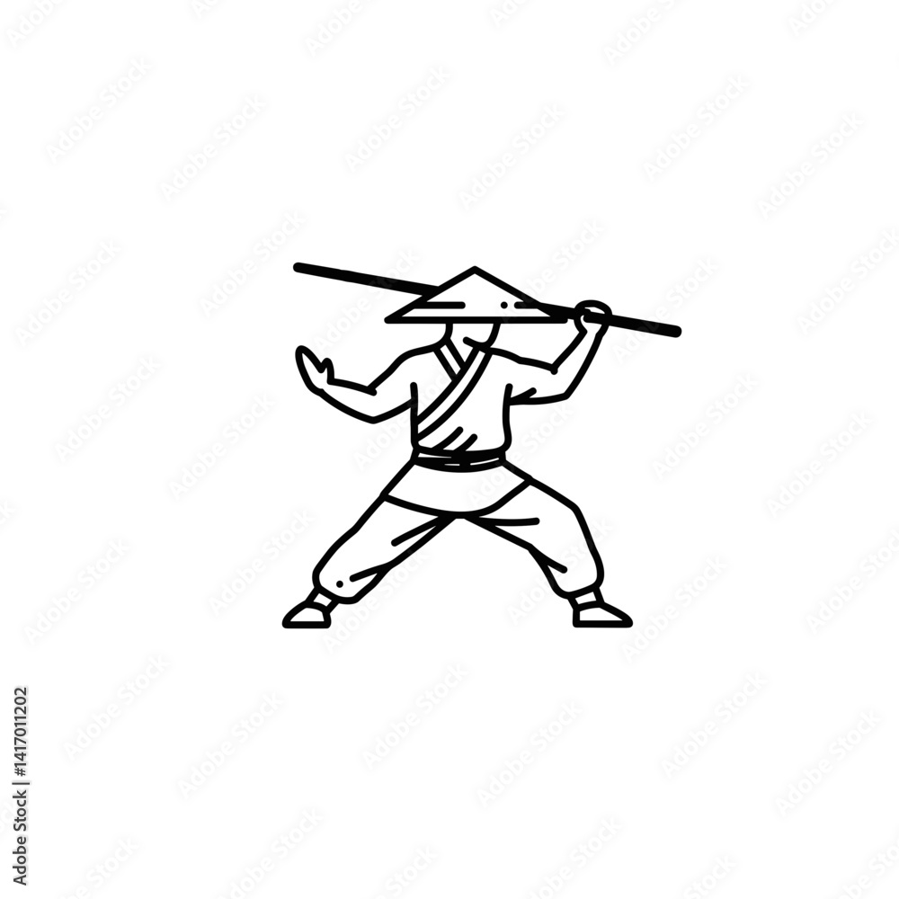 Martial artist performing with a bamboo staff in a minimalist style Martial artist performing with a bamboo staff in a minimalist style
