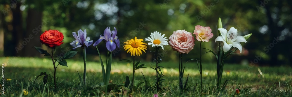 Obraz premium Photograph of flowers forming a straight line, transitioning from wild to structured