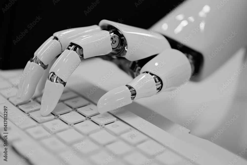Robotic hand typing on keyboard in a technological setting Robotic hand typing on keyboard in a technological setting