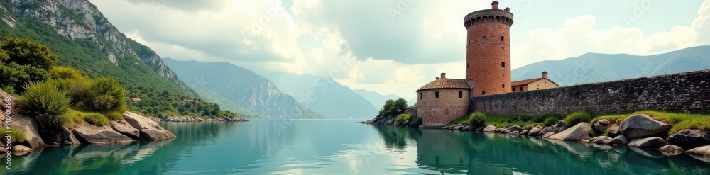 Brick chimney and water scene; ancient tower & wall visible , wall, old Brick chimney and water scene; ancient tower & wall visible , wall, old
