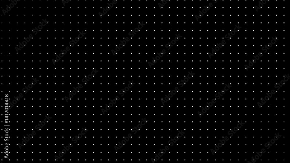 Minimal white dots arranged in perfect grid, flowing diagonally in wave-like pulses, slight flickering intensity