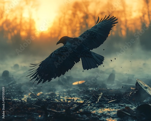 Wallpaper Mural A lone crow soars over a desolate battlefield shrouded in mist at dawn Torontodigital.ca