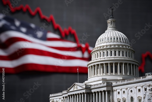 US Capitol featuring flag and chart for national debt ceiling problems  
