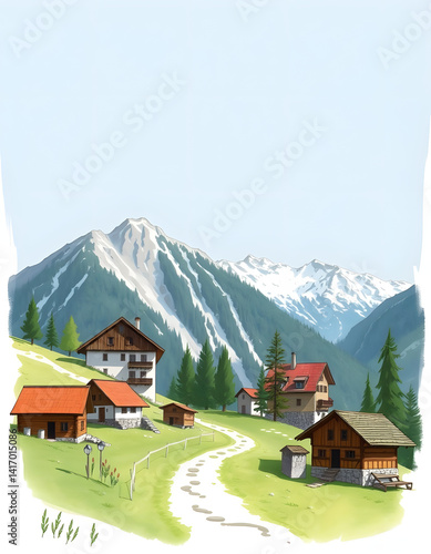 Enchanted Eng Alm, picturesque Almdorf, tranquil Vomp, awe-inspiring Karwendel, hand-drawn digital illustration. with white shades