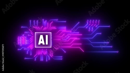 Neon AI Circuit Board Technology Background Animation. Artificial Intelligence Chip with Glowing Circuit Lines concept. 4k video motion graphic