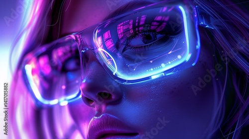 Wallpaper Mural Cyberpunk woman in tech glasses with neon light reflections image closeup. Artistic futuristic female eyes close-up photography. Intensity and mystery concept photo realistic Torontodigital.ca