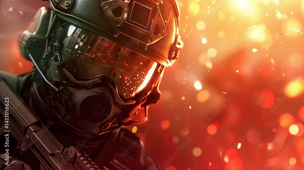Futuristic soldier with tactical mask in bright bokeh light banner image. Cyber-military photo-realistic background blurred. FPS videogame. First person shooter concept copy space