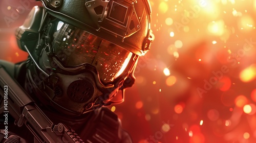 Obraz na płótnie Futuristic soldier with tactical mask in bright bokeh light banner image. Cyber-military photo-realistic background blurred. FPS videogame. First person shooter concept copy space w salonie