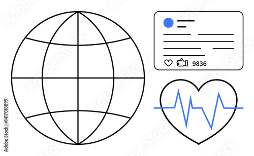 Globe with latitude-longitude grid, social media engagement stats with thumbs ups and followers, heart with pulse line. Ideal for technology, social media, digital interaction, health monitoring