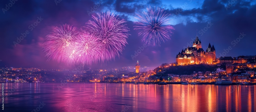 Naklejka premium Fireworks over castle, city, river at night