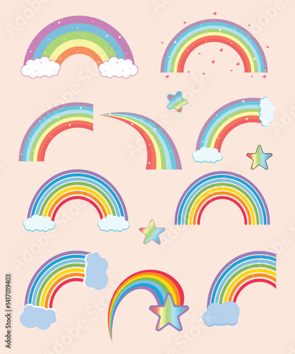 Different shapes of cute rainbows with clouds, stars and hearts vector illustrations set. Weather, nature, summer concept. childish stickers, patches or badges isolated on Solid Pale Pink  background.