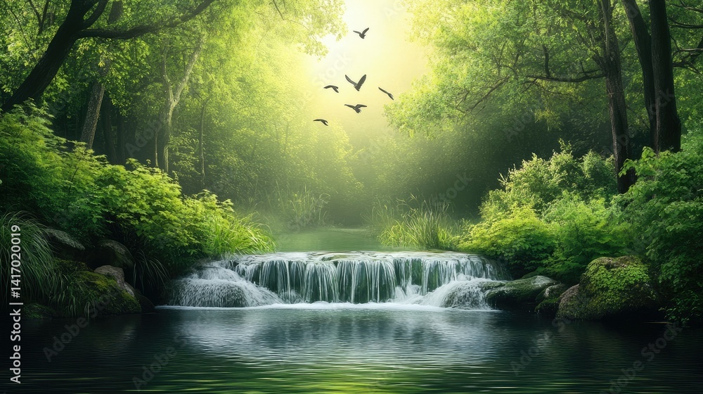 Fototapeta premium A waterfall illustrator nature serene landscape background with a winding path through lush green hills, dotted with wildflowers, under a dramatic sky, capturing nature's beauty and inviting adventure