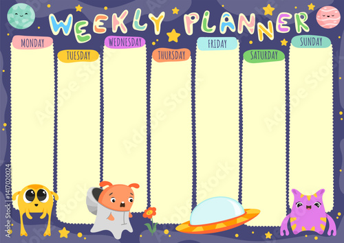 Weekly planner with cute funny aliens, flying saucer and space in flat cartoon style. Children's schedule template. Vector illustration.