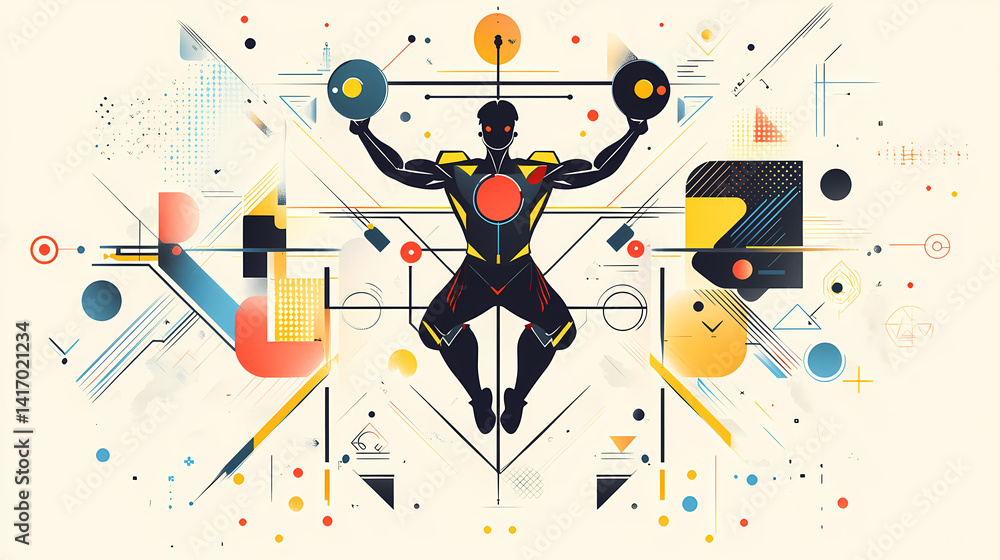 Obraz premium Weightlifter's Technological Harmony: A weightlifter amidst a vibrant tapestry of abstract geometric shapes, symbolizing strength and futuristic innovation.
