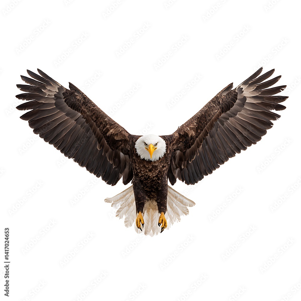 Obraz premium Bald eagle soaring with wings spread wide, front view isolated on white background