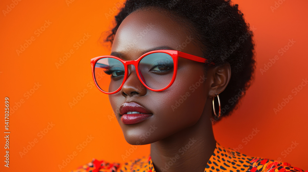 Futuristic fashion concept featuring a model in bold geometric designs against an orange backdrop Futuristic fashion concept featuring a model in bold geometric designs against an orange backdrop