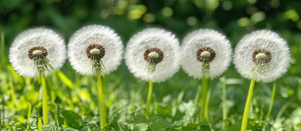 Obraz premium Five Dandelions Meadow Spring Background