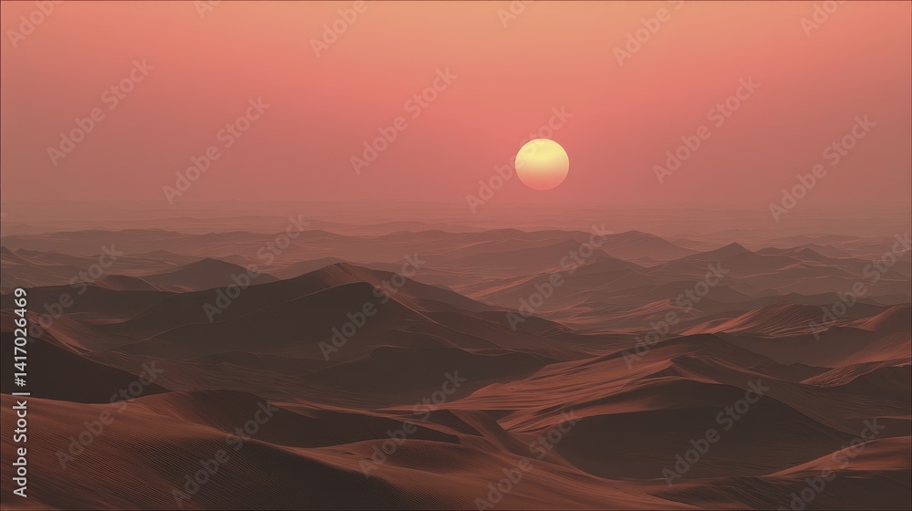 Fototapeta premium Intense midday sun beats down on sun-baked sand dunes, shimmering heat haze rising - natural heat landscape sunbaked