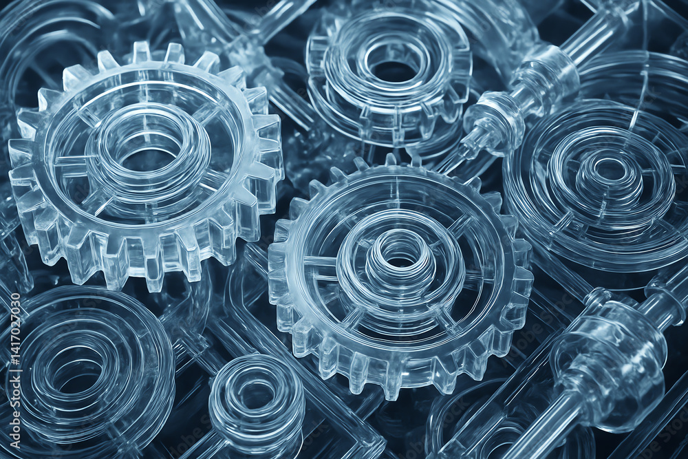 A close-up view of intricate transparent gears, symbolizing precision and engineering. This visually striking image represents the innovation and complexity of mechanical design. A close-up view of intricate transparent gears, symbolizing precision and engineering. This visually striking image represents the innovation and complexity of mechanical design.