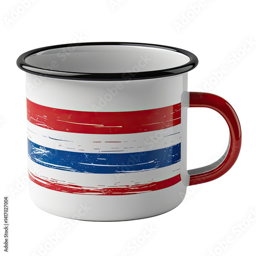 Costa Rica flag enamel mug design. Distressed national banner on a white camping cup with a red handle and black rim. Patriotic souvenir or gift idea representing Costa Rican pride and culture. Perfec