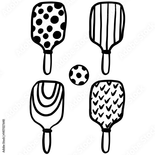 Ink hand draw Pickleball Racket and Ball illustrations. Pickleball doodle items.. Concept of sport, activities, hobbies, leisure, healthy lifestyle.	
