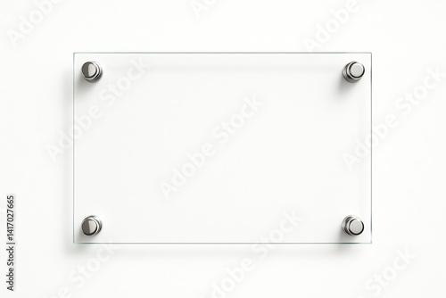 A modern, minimalistic clear acrylic sign holder with stainless steel standoffs, perfect for displaying information or branding in an office or retail space.