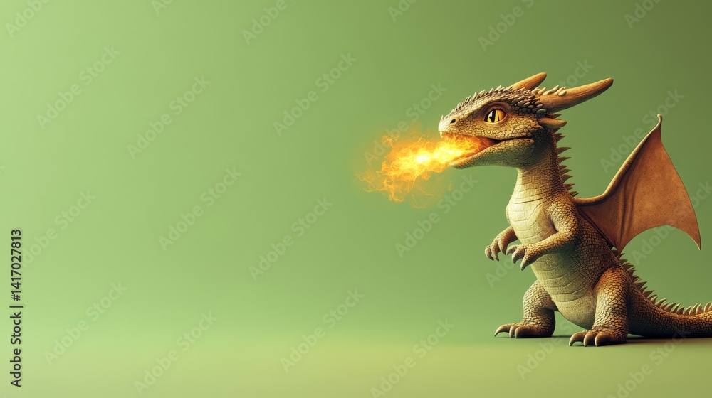 Fototapeta premium Cute cartoon dragon exhales fiery breath.