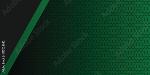 Green Black abstract wide horizontal banner with hexagon carbon fiber grid and orange luminous lines.