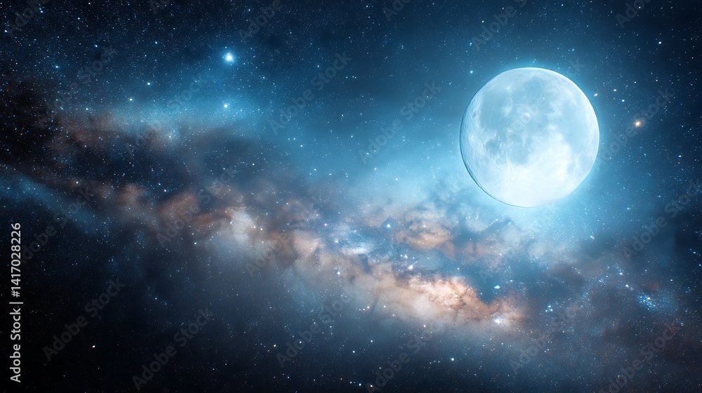 Vast cosmic expanse with luminous moon Vast cosmic expanse with luminous moon