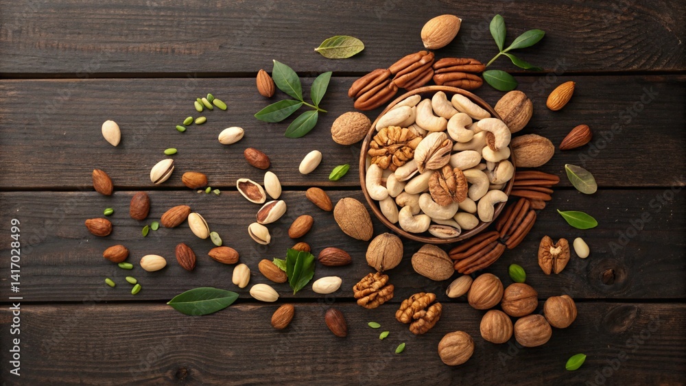 Top view of a variety of nuts including almonds, cashews, walnuts, and pecans in a bowl and around it on a rustic wooden table. Ideal for illustrating healthy eating and snacks