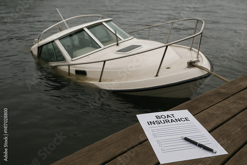 A partially submerged boat rests in calm water near a wooden dock, with a boat insurance document and pen lying on the surface, illustrating the importance of safety and preparedne