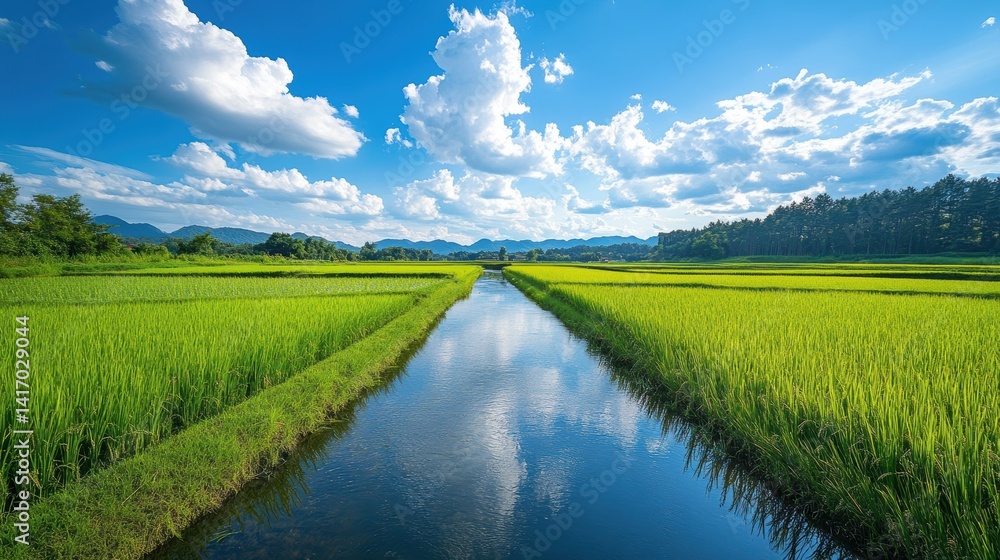 Naklejka premium rice fields next to the river contrasting with the blue sky