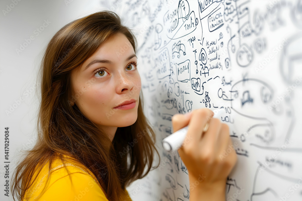 A focused woman writes on a whiteboard filled with notes and diagrams, conveying creativity and brainstorming in a collaborative environment. A focused woman writes on a whiteboard filled with notes and diagrams, conveying creativity and brainstorming in a collaborative environment.