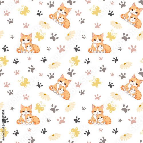 Seamless pattern with cute cats. Perfect for textiles, wallpaper, wrapping paper and baby products.